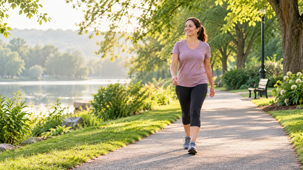 15-minute walking routine for beginners on a peaceful lakeside park path