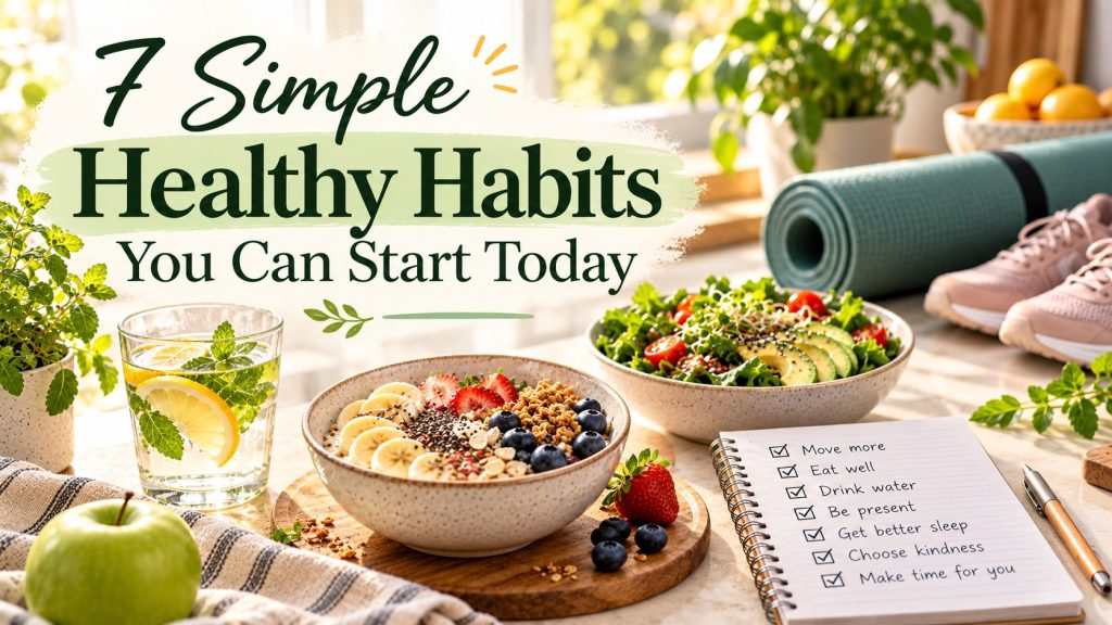 Healthy breakfast, lemon water, salad, walking shoes, and a checklist representing seven simple healthy habits.