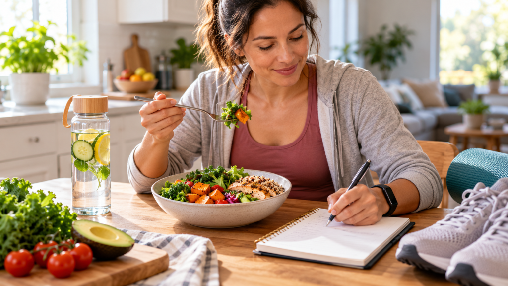 Woman practicing healthy weight management habits at home with a balanced meal, water, journal, and walking shoes