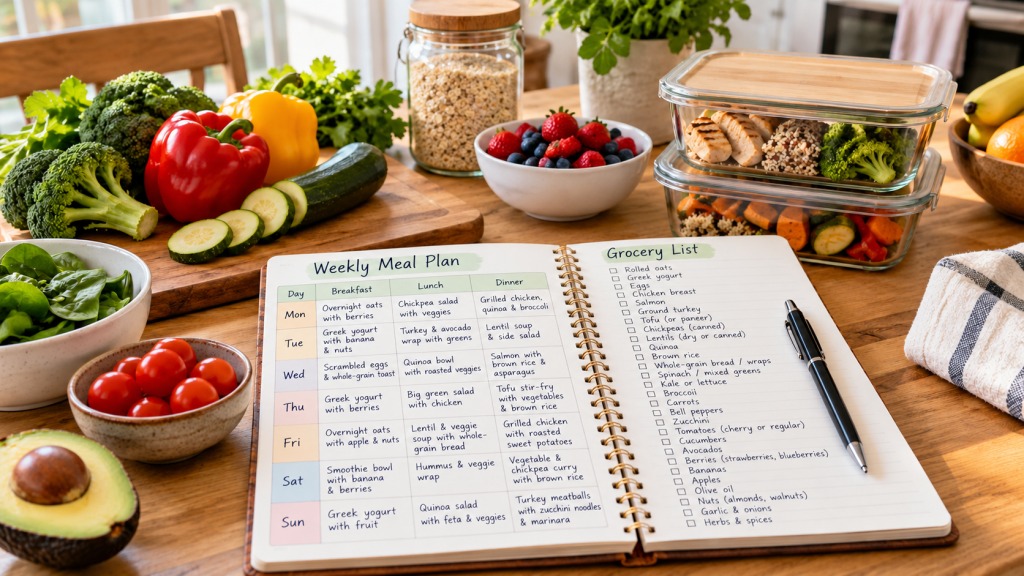 Healthy meal planning for beginners with a weekly meal planner, grocery shopping list, fresh vegetables, and prepared meals on a kitchen table.