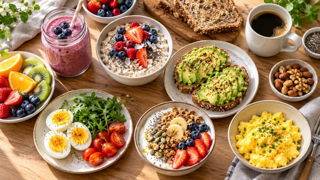 Healthy breakfast ideas featuring avocado toast, overnight oats, eggs, berries, and a fruit smoothie on a wooden table